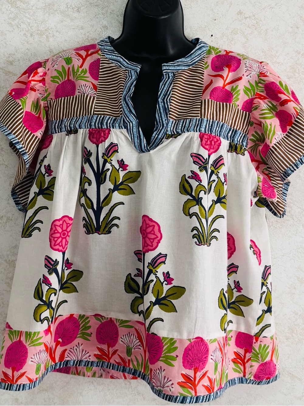 THML Mixed Print Patchwork Women's Top Boho Flutter Sleeves Floral Medium